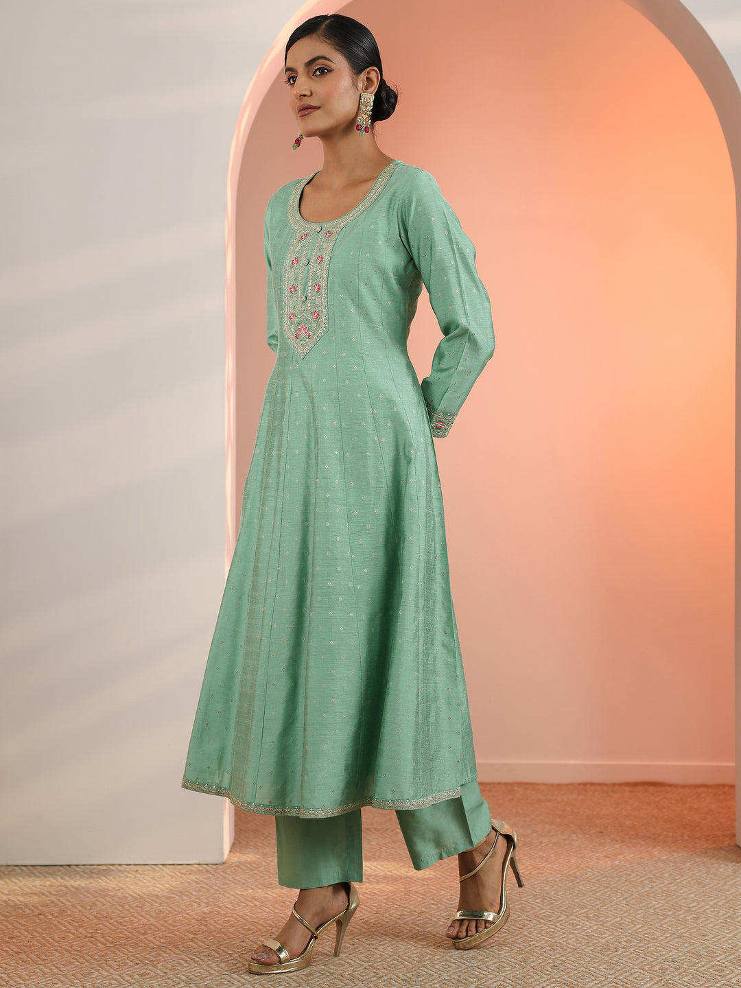 Sea Green Embroidered Silk Blend A-Line Suit Set With Dupatta