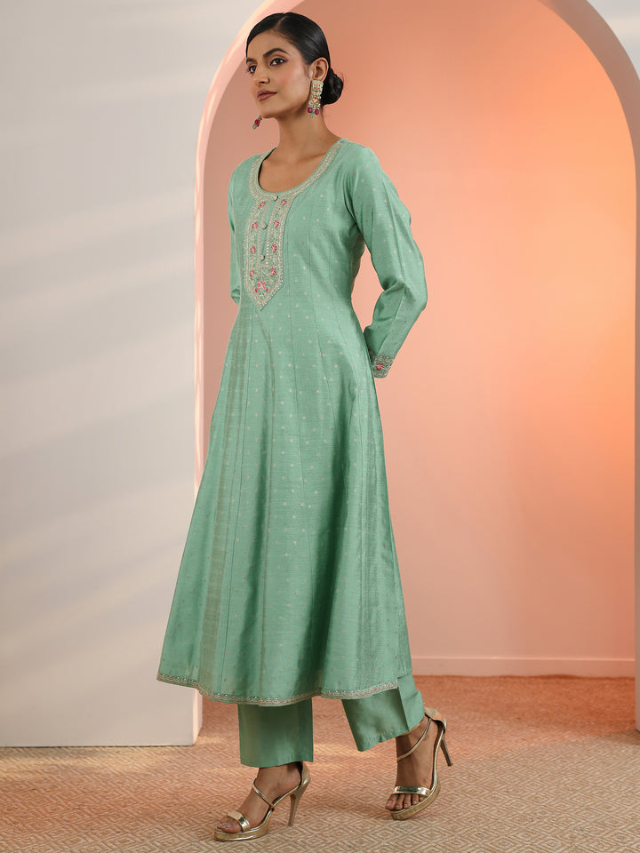 Sea Green Embroidered Silk Blend A-Line Suit Set With Dupatta