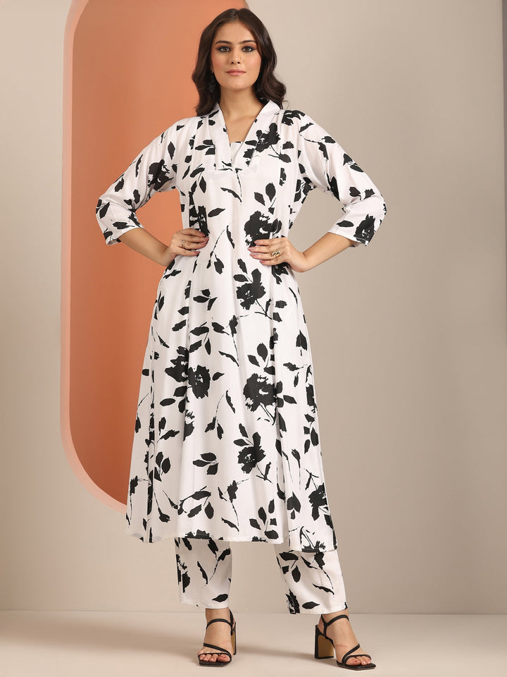 White Printed Rayon A-Line Kurta Set