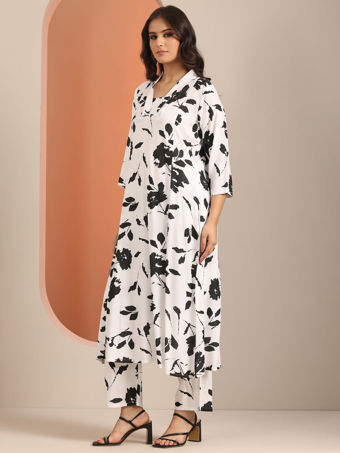 White Printed Rayon A-Line Kurta Set