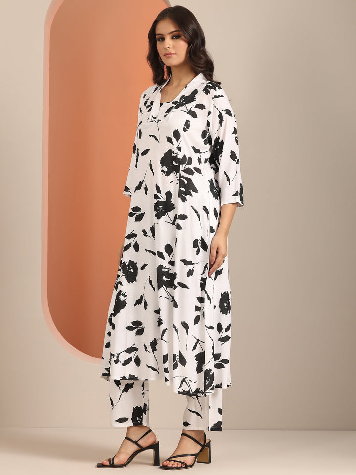 White Printed Rayon A-Line Kurta Set