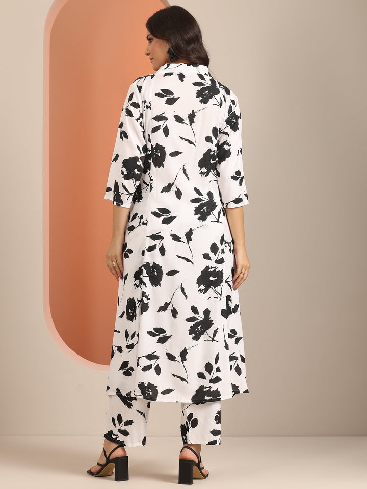 White Printed Rayon A-Line Kurta Set