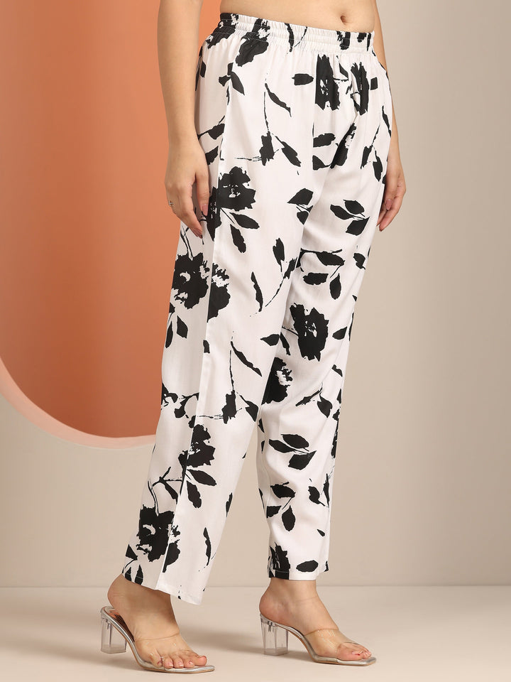 White Printed Rayon A-Line Kurta Set