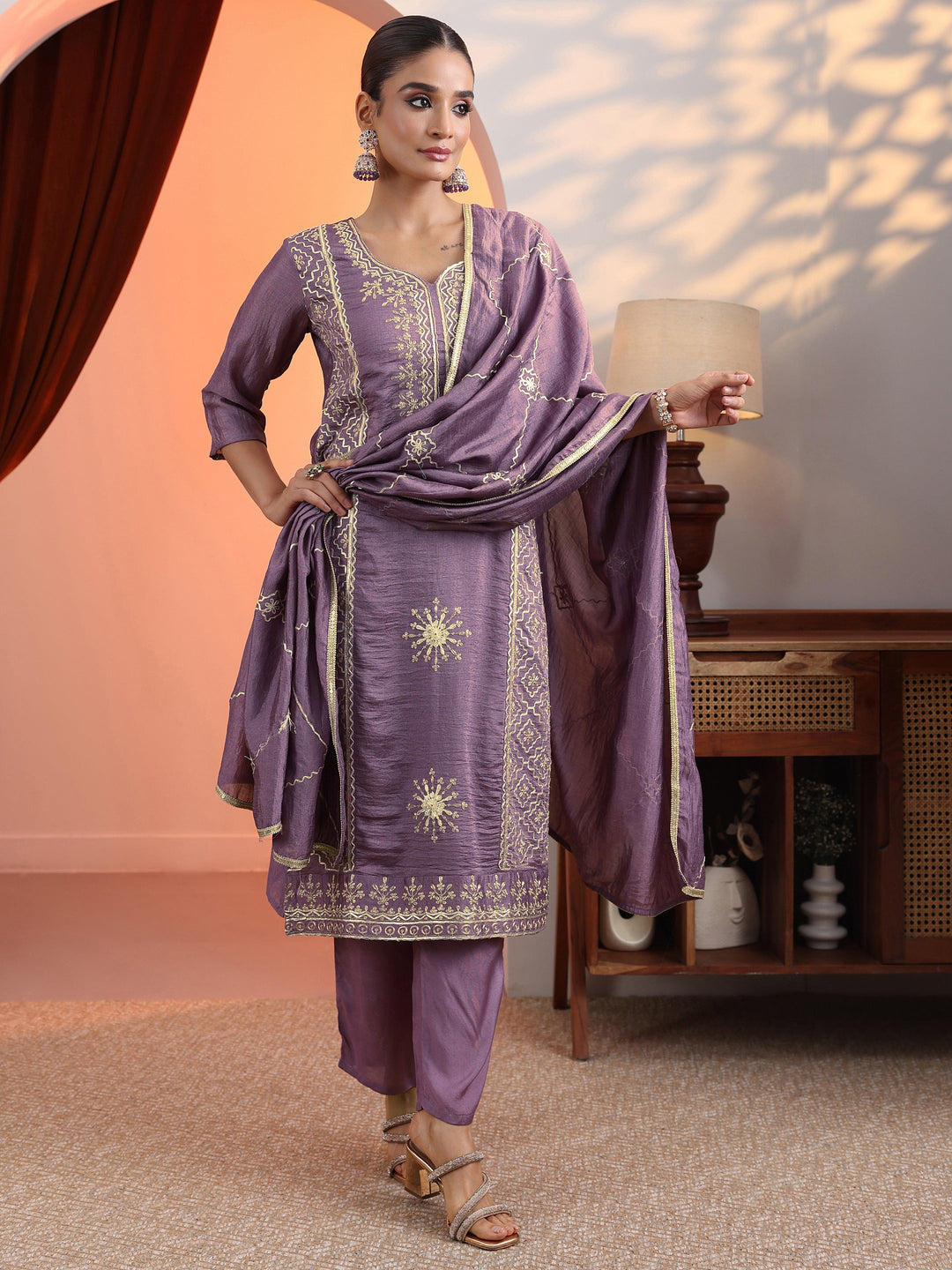 Mauve Embroidered Chinon Straight Suit Set With Dupatta