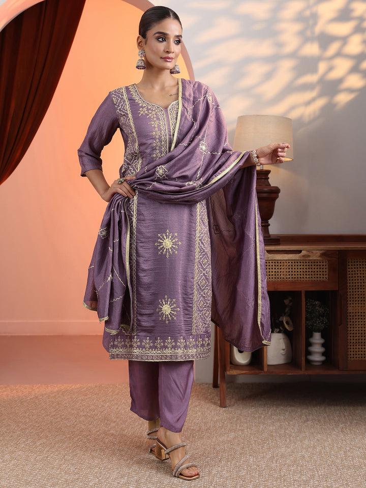 Mauve Embroidered Chinon Straight Suit Set With Dupatta