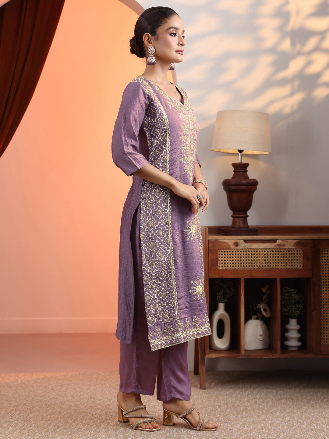 Mauve Embroidered Chinon Straight Suit Set With Dupatta