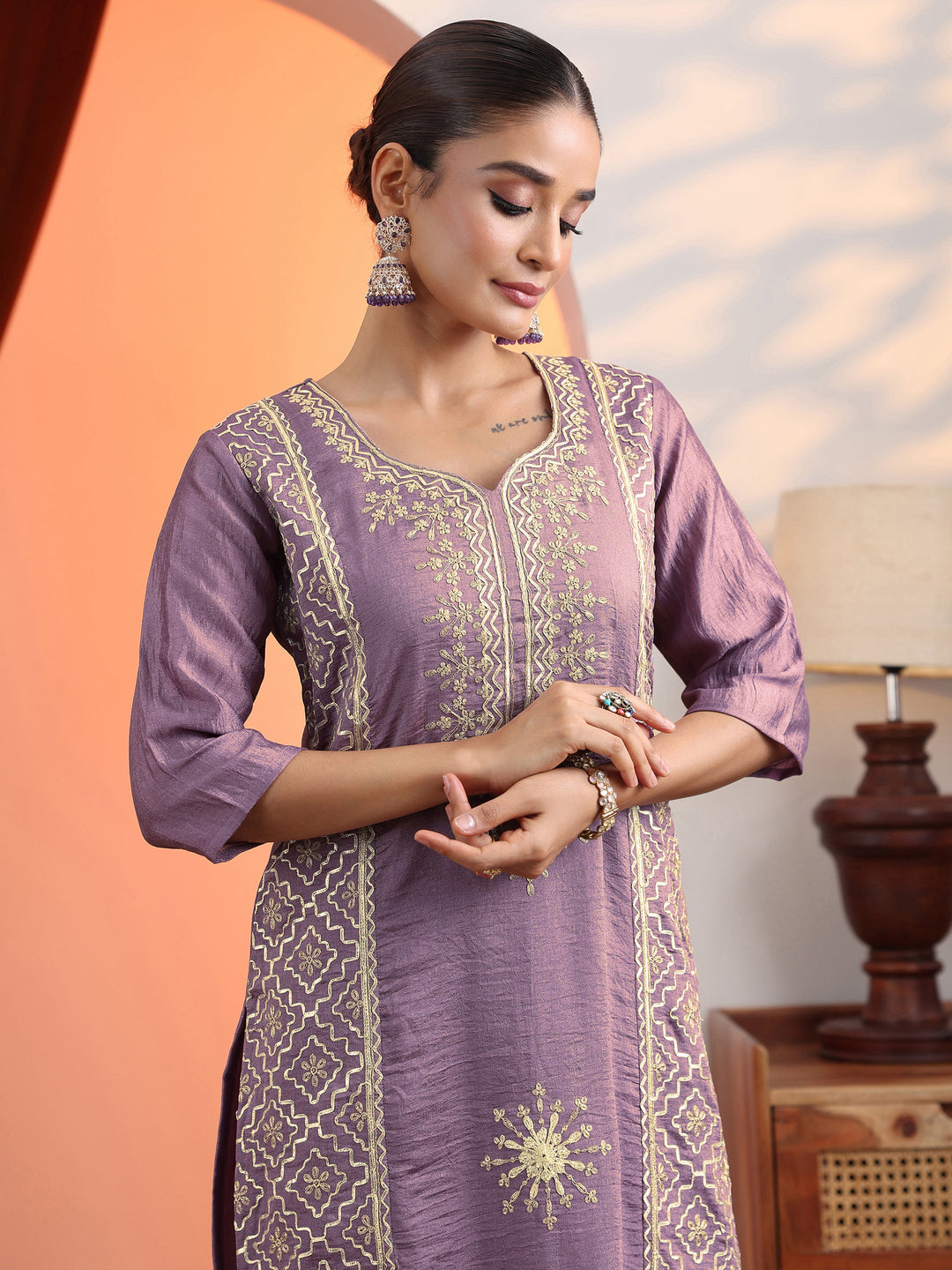 Mauve Embroidered Chinon Straight Suit Set With Dupatta