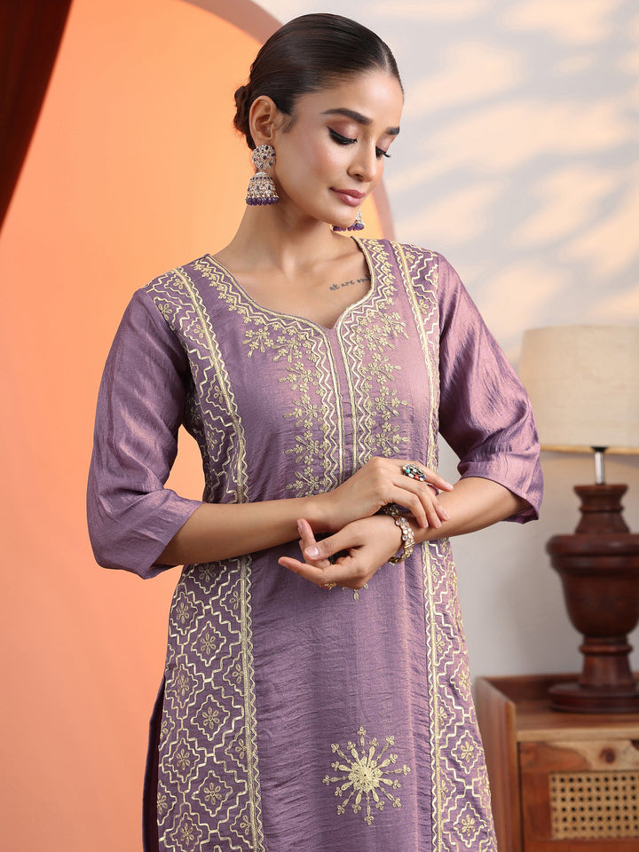 Mauve Embroidered Chinon Straight Suit Set With Dupatta