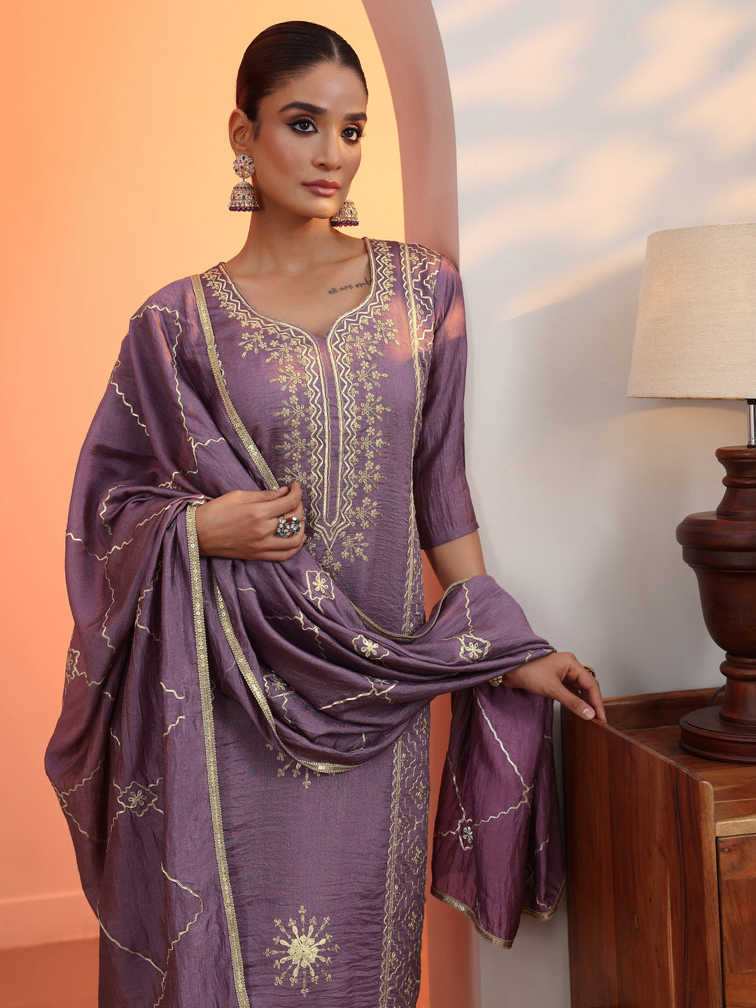 Mauve Embroidered Chinon Straight Suit Set With Dupatta