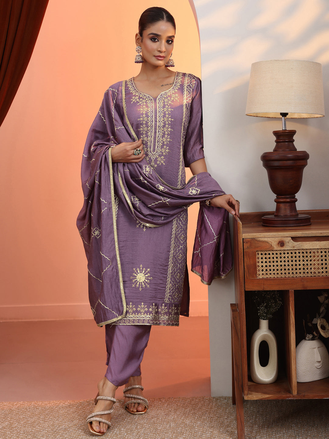 Mauve Embroidered Chinon Straight Suit Set With Dupatta