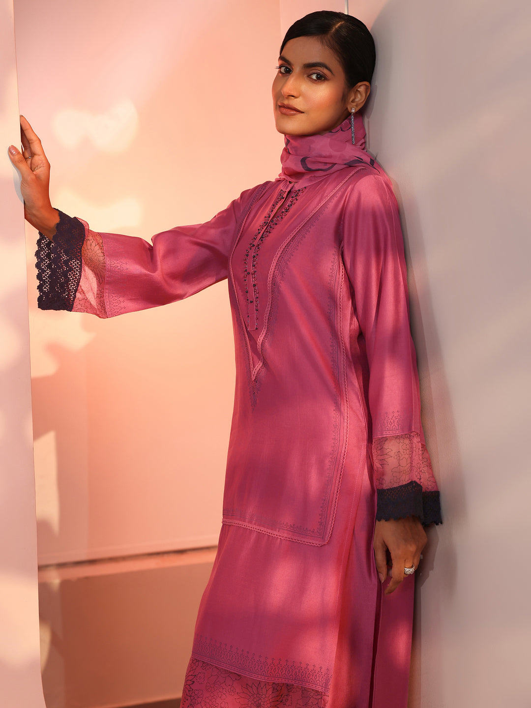 Pink Embellished Silk Blend Straight Suit Set With Dupatta
