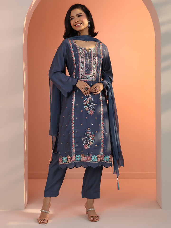 Blue Embroidered Silk Blend Straight Suit Set With Dupatta