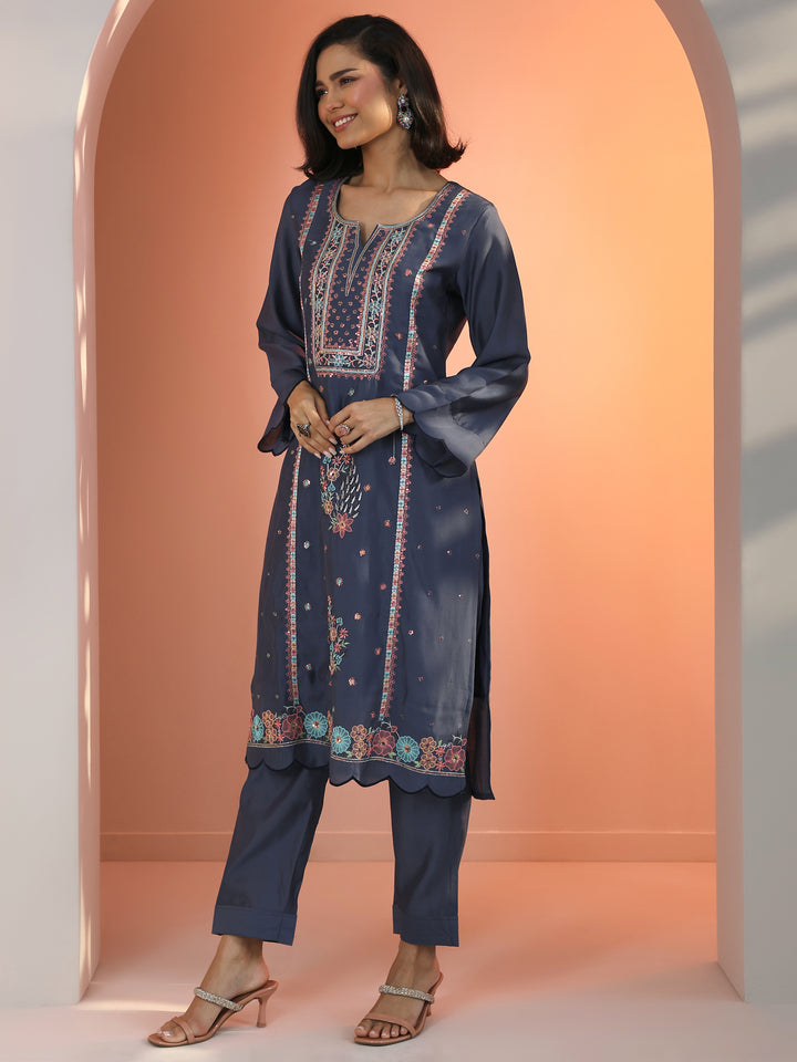 Blue Embroidered Silk Blend Straight Suit Set With Dupatta