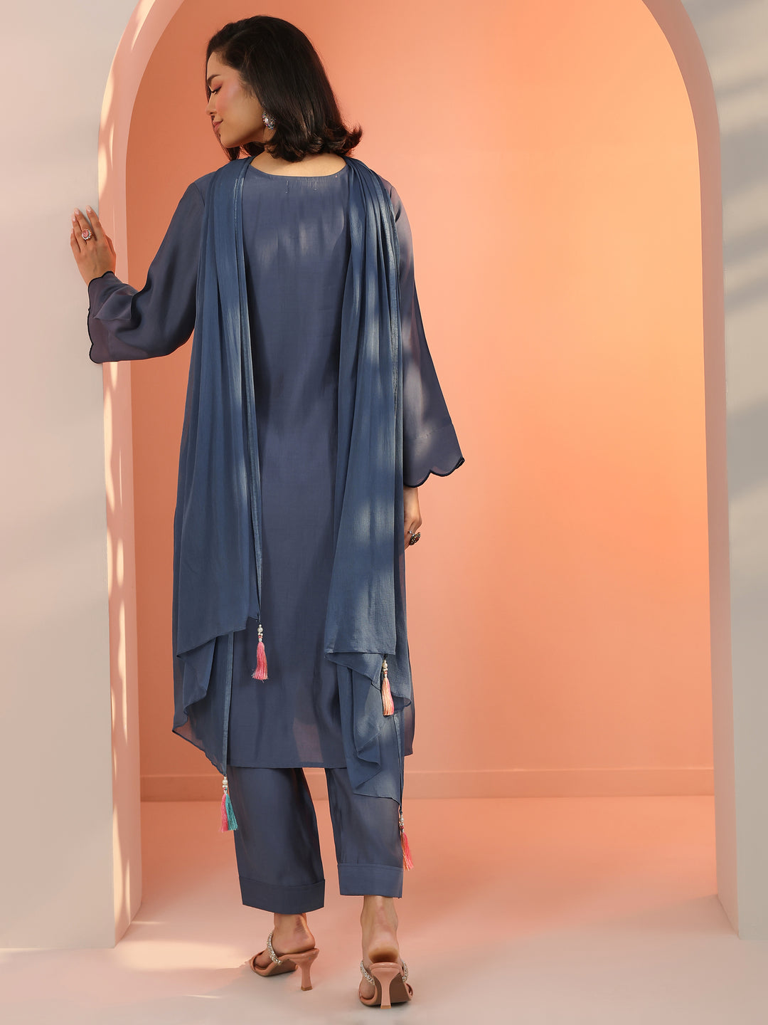 Blue Embroidered Silk Blend Straight Suit Set With Dupatta