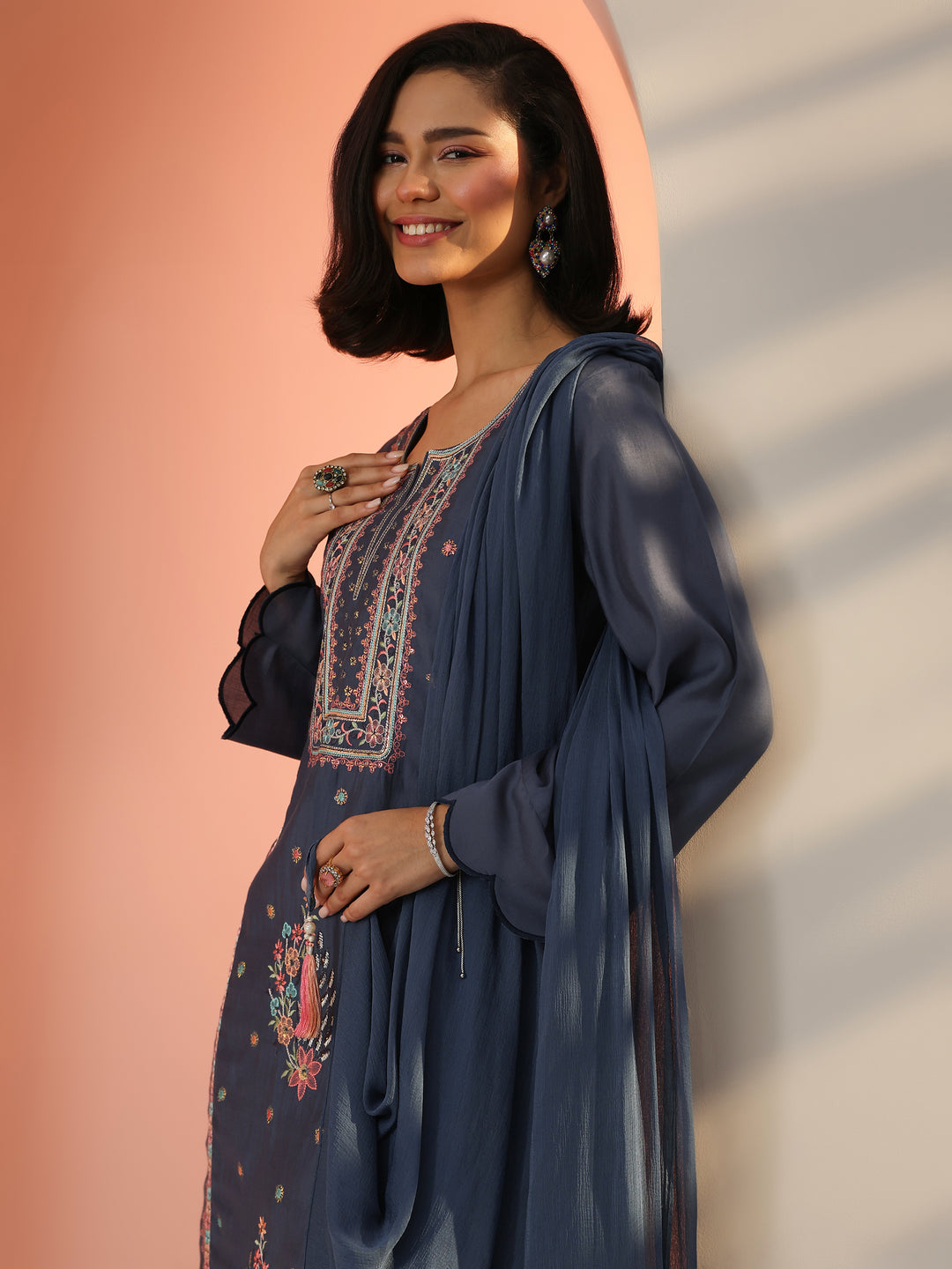 Blue Embroidered Silk Blend Straight Suit Set With Dupatta