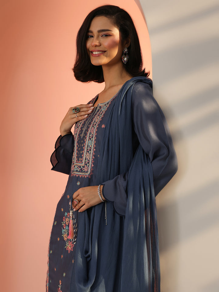 Blue Embroidered Silk Blend Straight Suit Set With Dupatta