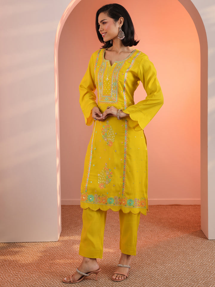 Yellow Embroidered Silk Blend Straight Suit Set With Dupatta