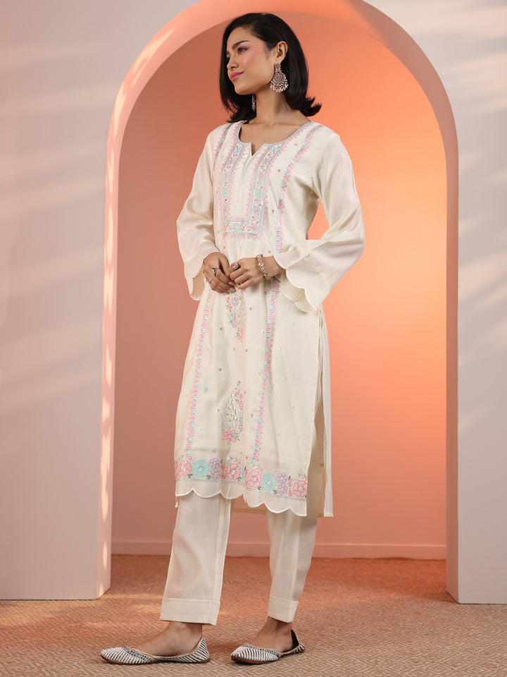 Off White Embroidered Silk Blend Straight Suit Set With Dupatta