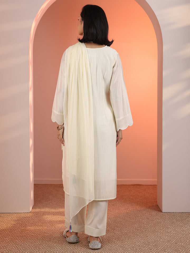 Off White Embroidered Silk Blend Straight Suit Set With Dupatta