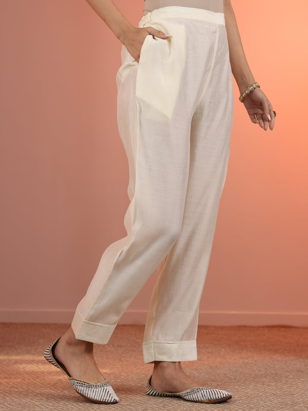 Off White Embroidered Silk Blend Straight Suit Set With Dupatta