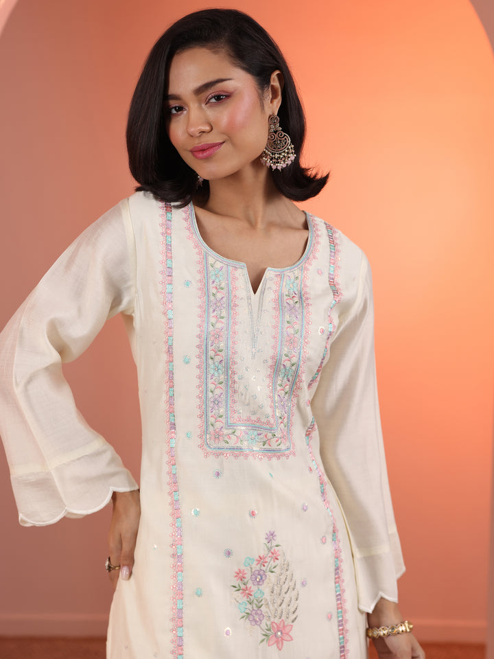 Off White Embroidered Silk Blend Straight Suit Set With Dupatta