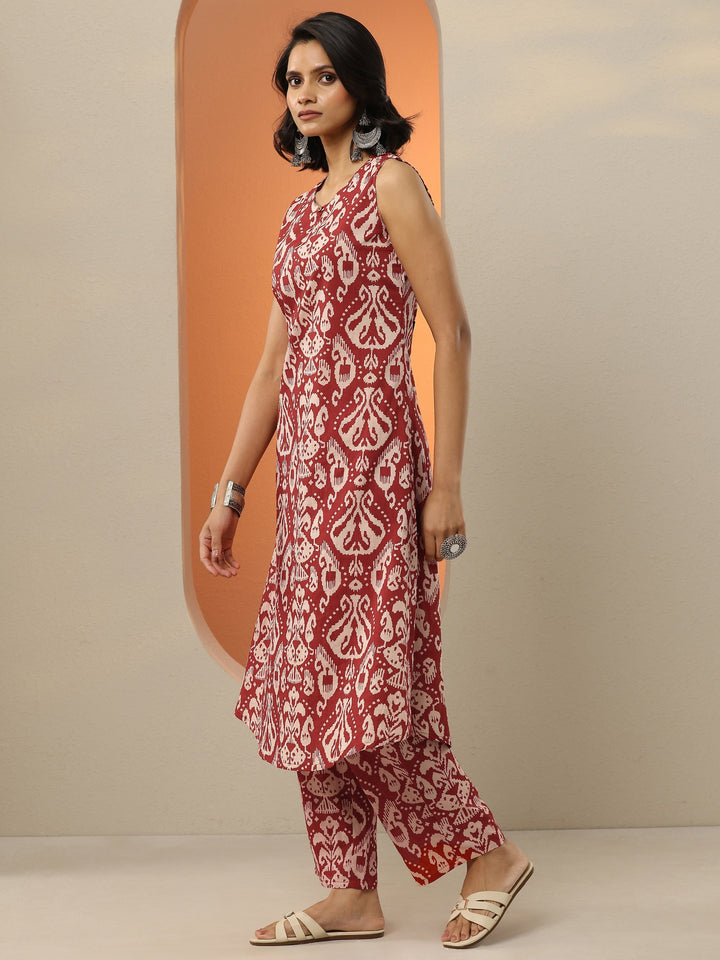 Maroon Printed Cotton Blend  A-Line Kurta Set