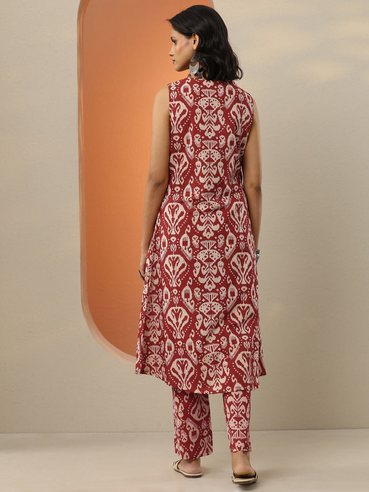 Maroon Printed Cotton Blend  A-Line Kurta Set