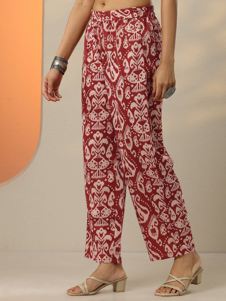 Maroon Printed Cotton Blend  A-Line Kurta Set