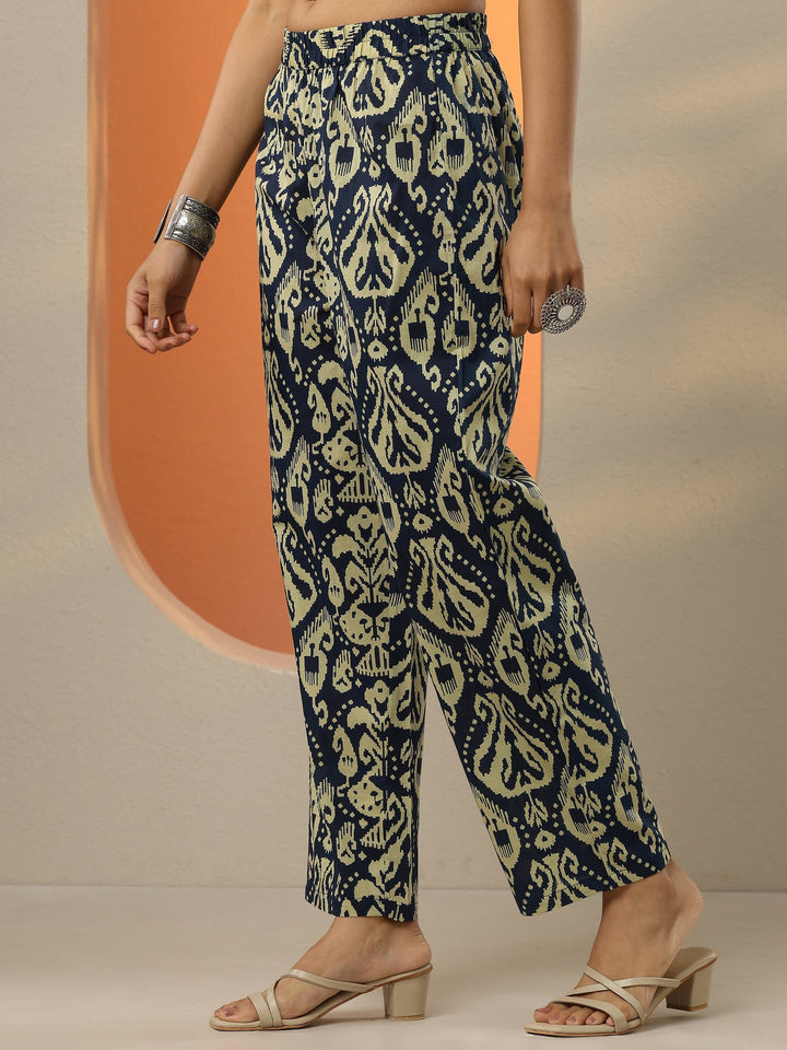 Navy Blue Printed Cotton Blend  A-Line Kurta Set