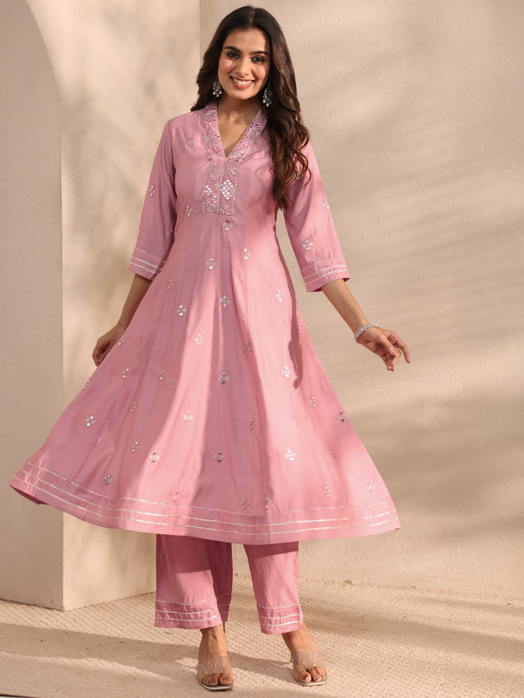 Pink Embellished Silk Blend Anarkali Kurta Set