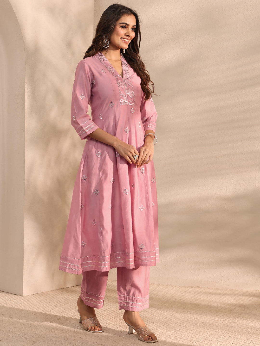 Pink Embellished Silk Blend Anarkali Kurta Set