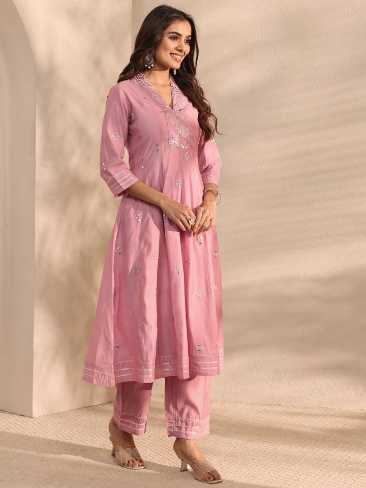 Pink Embellished Silk Blend Anarkali Kurta Set
