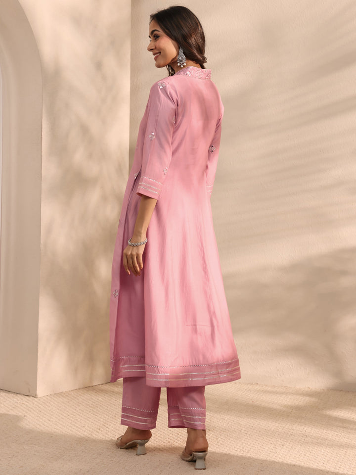 Pink Embellished Silk Blend Anarkali Kurta Set
