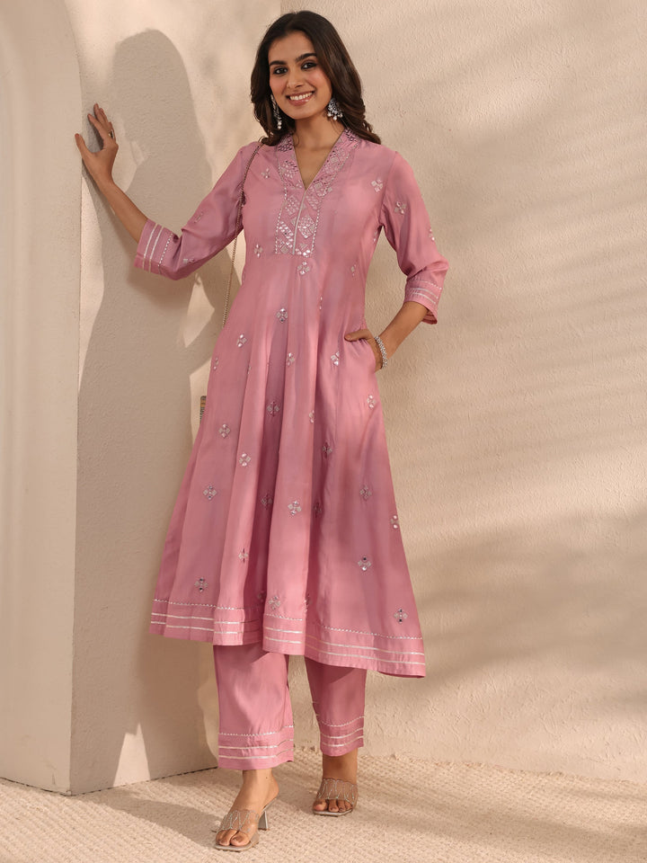 Pink Embellished Silk Blend Anarkali Kurta Set