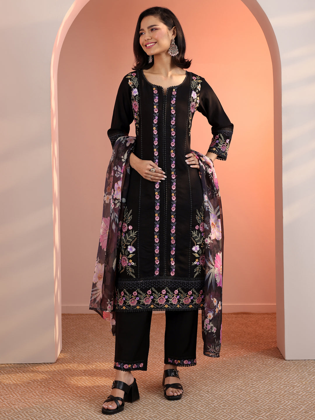 Black Embroidered Silk Blend Straight Suit Set With Dupatta
