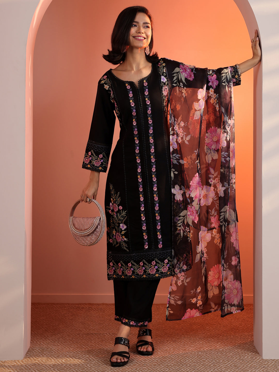 Black Embroidered Silk Blend Straight Suit Set With Dupatta