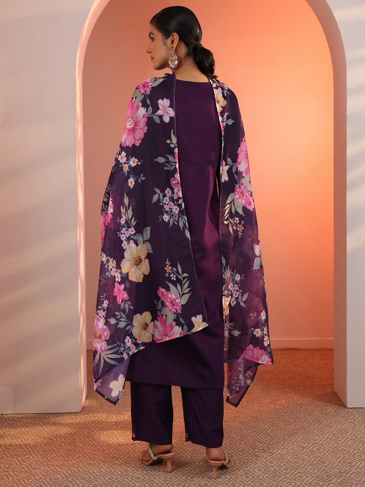 Burgundy Embroidered Silk Blend Straight Suit Set With Dupatta