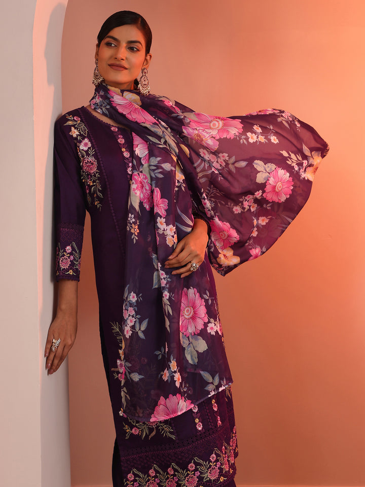 Burgundy Embroidered Silk Blend Straight Suit Set With Dupatta