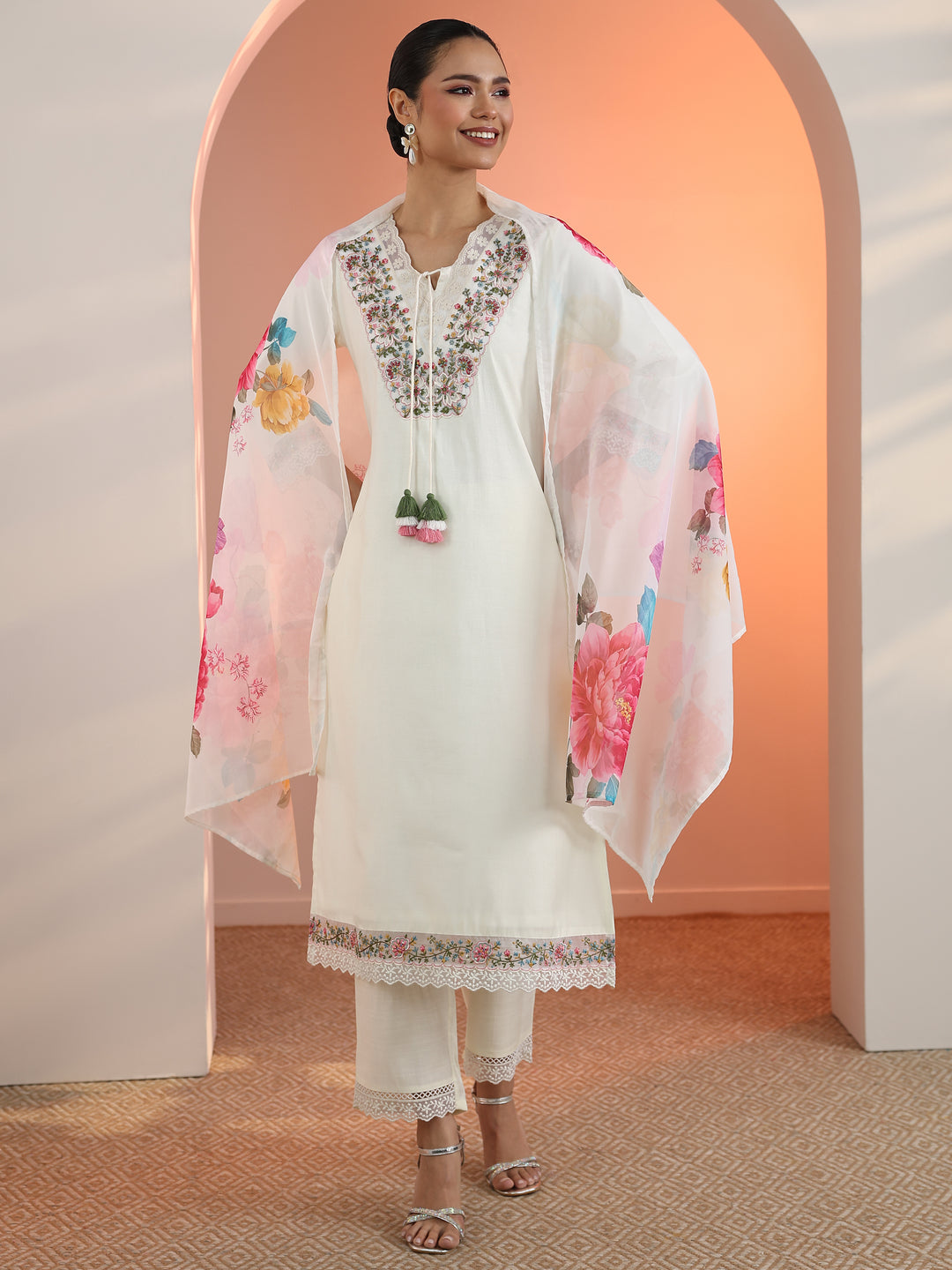 Off White Embroidered Silk Blend Straight Suit Set With Dupatta