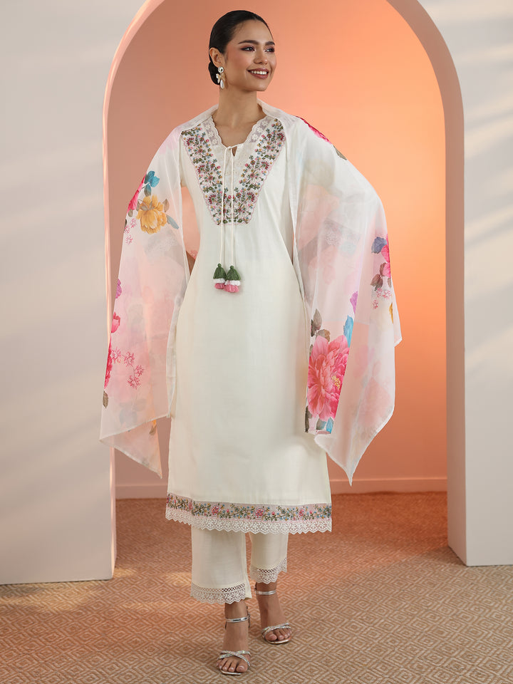 Off White Embroidered Silk Blend Straight Suit Set With Dupatta