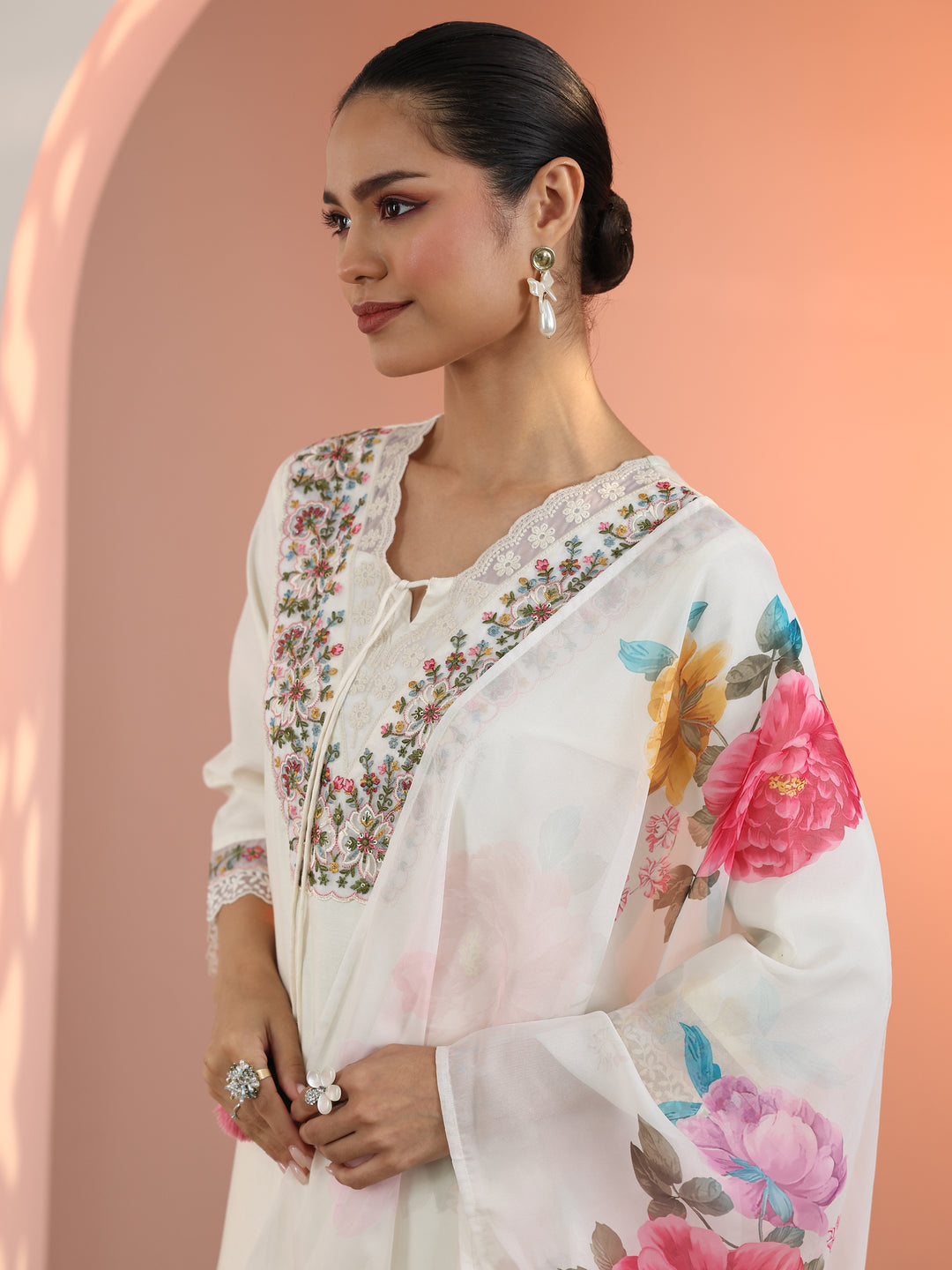 Off White Embroidered Silk Blend Straight Suit Set With Dupatta