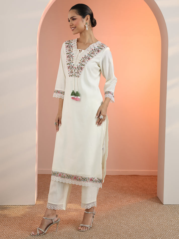 Off White Embroidered Silk Blend Straight Suit Set With Dupatta