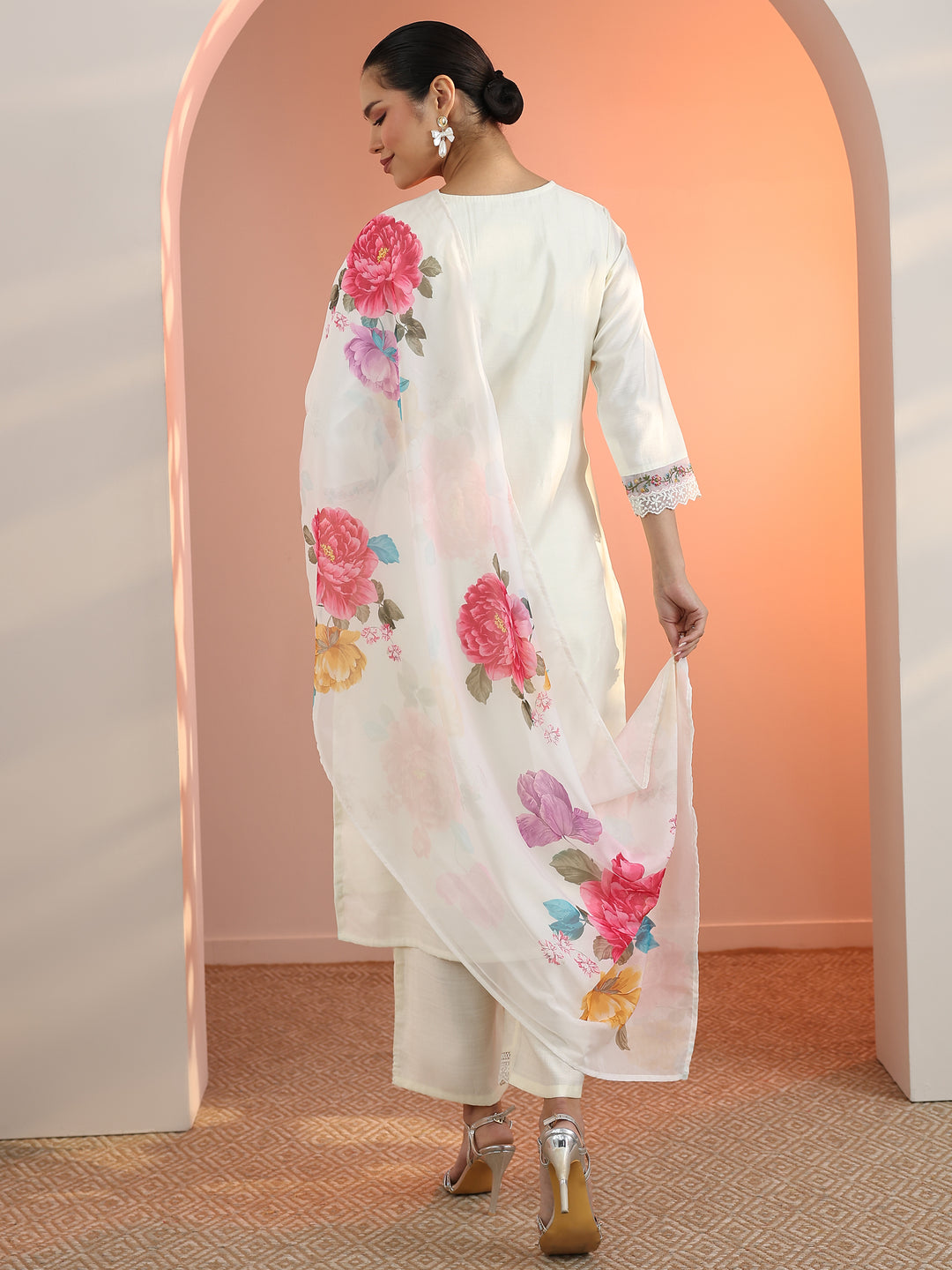 Off White Embroidered Silk Blend Straight Suit Set With Dupatta