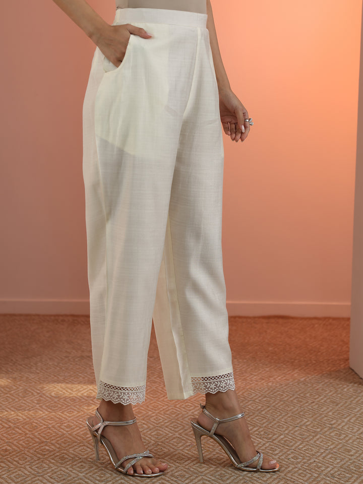 Off White Embroidered Silk Blend Straight Suit Set With Dupatta