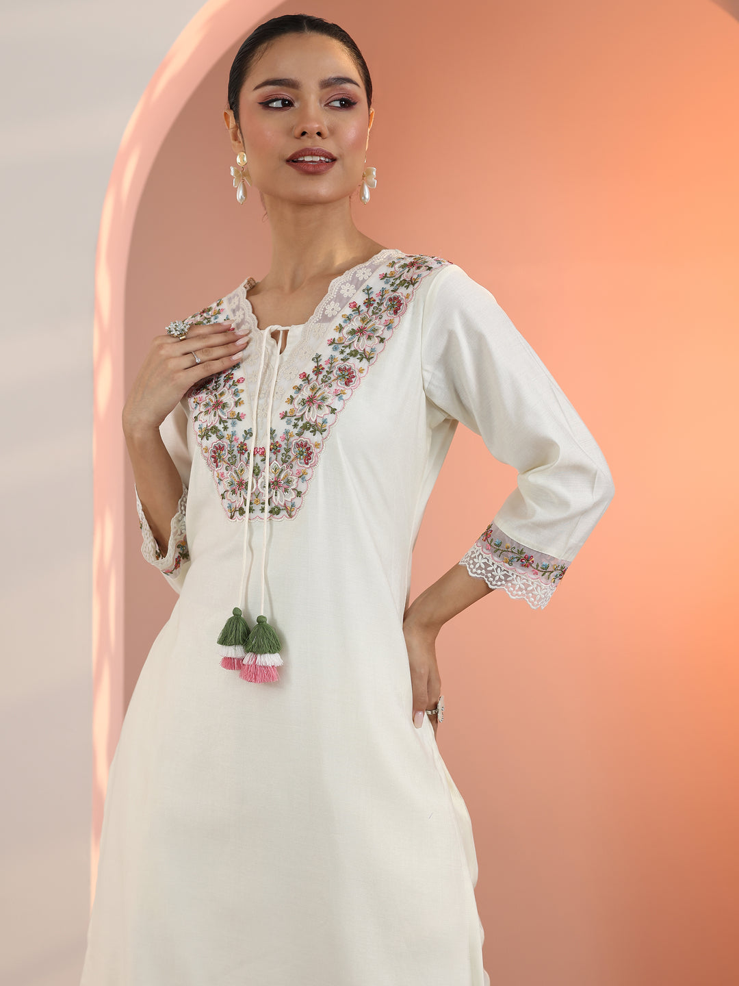 Off White Embroidered Silk Blend Straight Suit Set With Dupatta