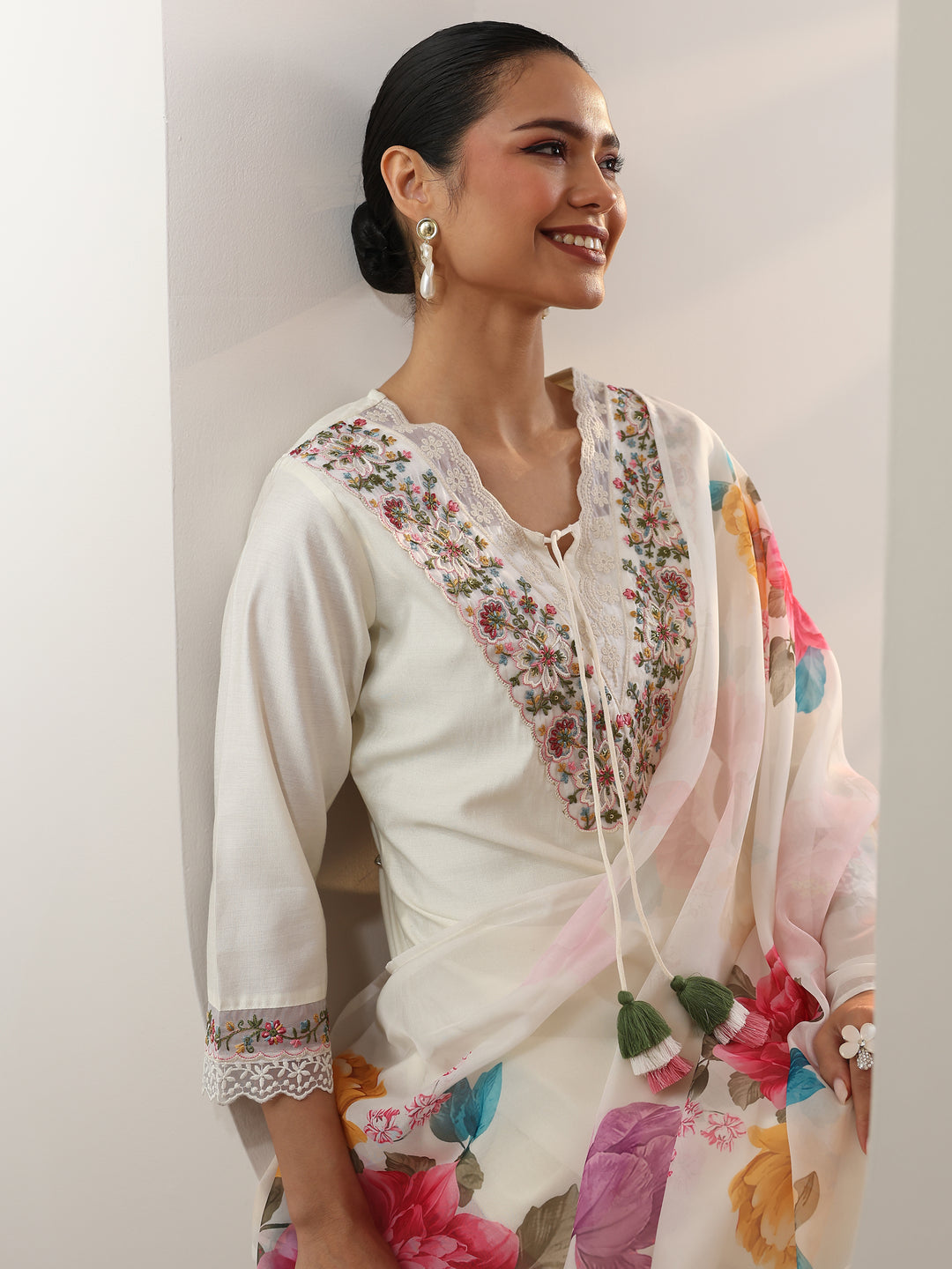 Off White Embroidered Silk Blend Straight Suit Set With Dupatta