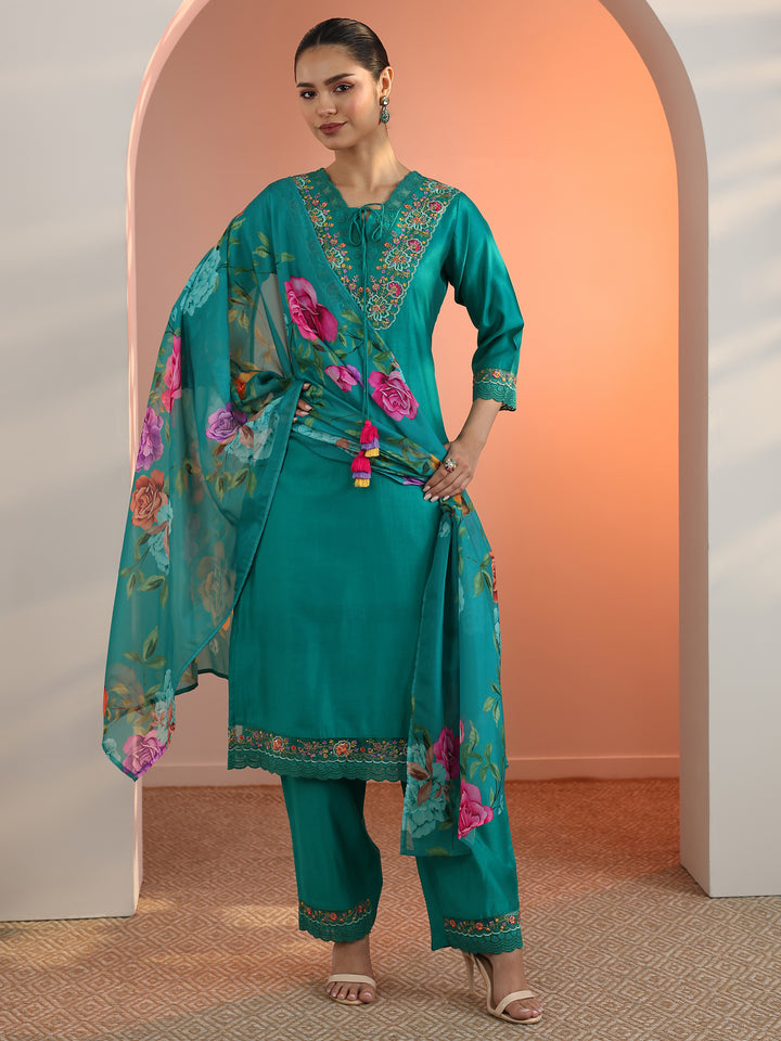 Blue Embroidered Silk Blend Straight Suit Set With Dupatta