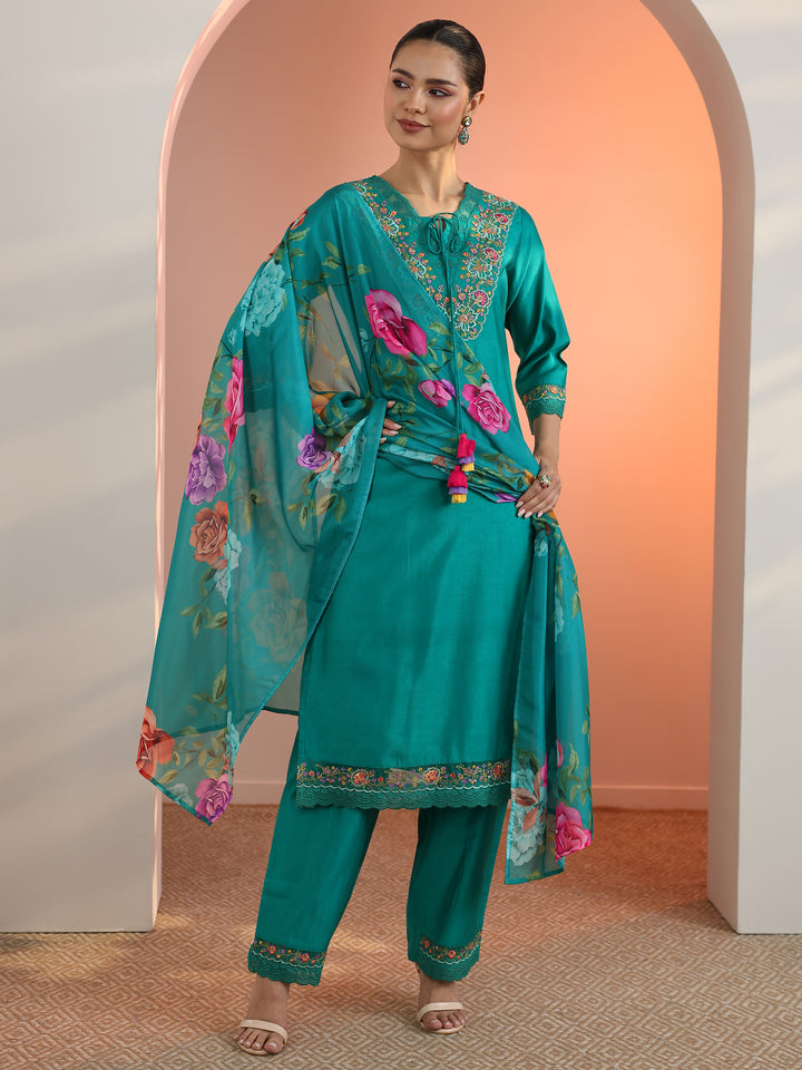 Blue Embroidered Silk Blend Straight Suit Set With Dupatta