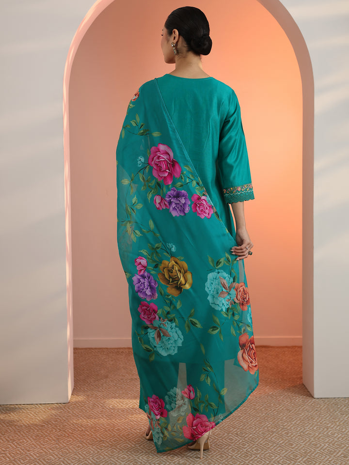 Blue Embroidered Silk Blend Straight Suit Set With Dupatta