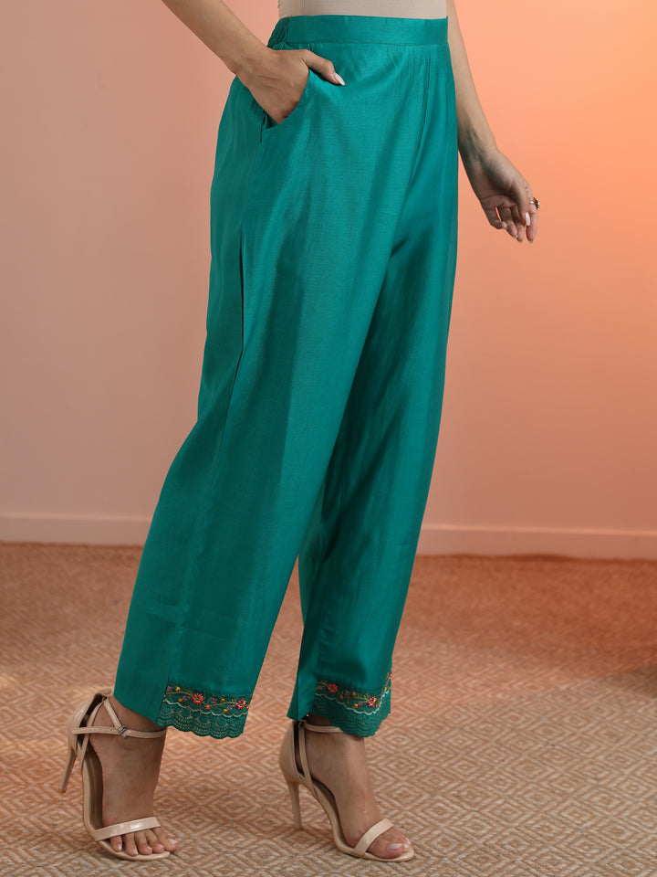 Blue Embroidered Silk Blend Straight Suit Set With Dupatta